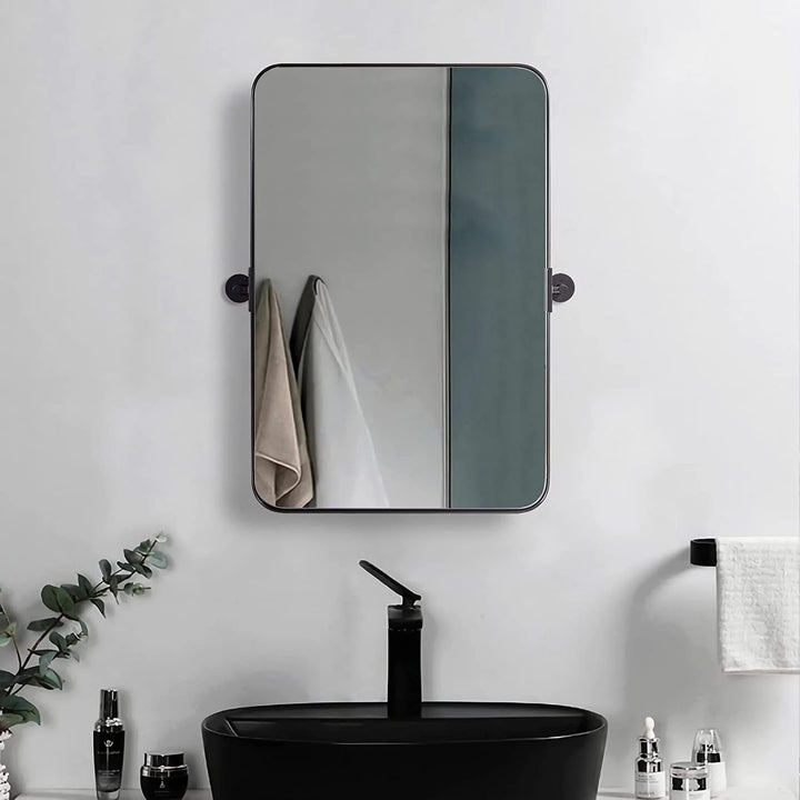 VIOTTO& CO. Modern Tilting Pivot Bathroom Mirror Rounded Rectangle Vanity Mirror Matte Black Metal Framed Adjustable Swivel Wall Mirror